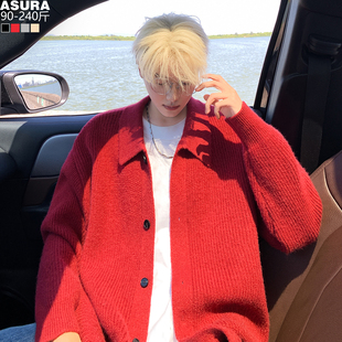 翻领纯色针织毛线衣开衫男加肥大码潮胖宽松外套春季韩版情侣慵懒