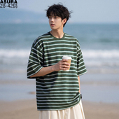 T恤男加肥加大码 潮流胖子宽松百搭简约薄款 上衣夏季 横条纹短袖 装