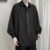 衬衫 寸衣男加肥加大码 潮流胖子宽松领带春秋季 纯黑白色长袖 装 外套