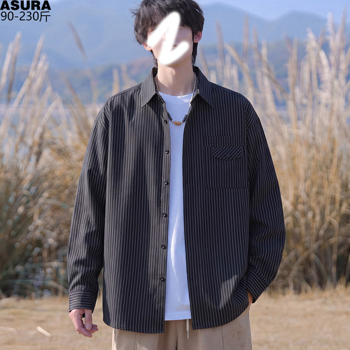 竖条纹日系长袖衬衫外套男2026秋装加肥加大码潮流胖子宽松衬上衣