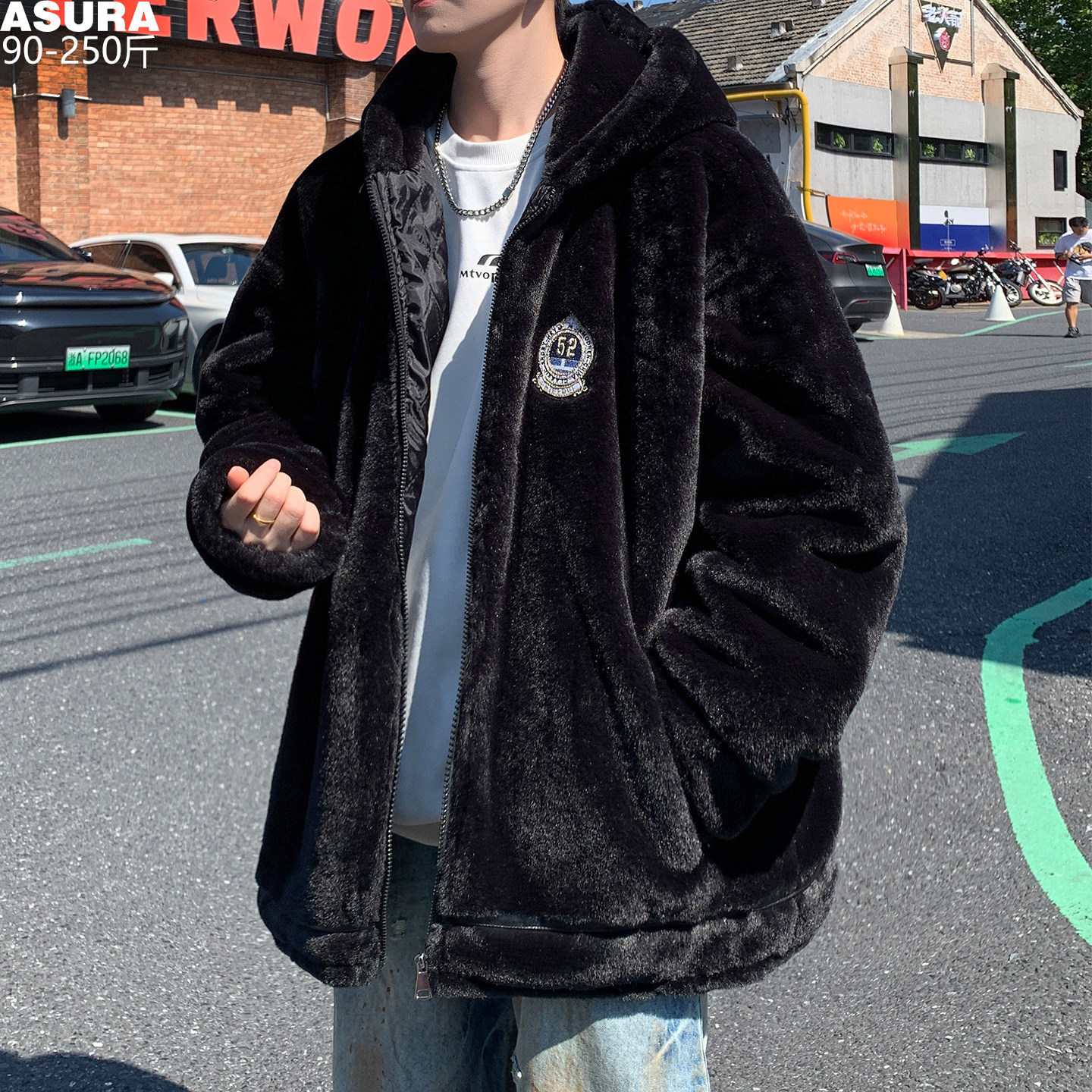 刺绣短毛绒棉衣棉服袄男加肥加大码潮牌胖子宽松连帽日系冬装外套