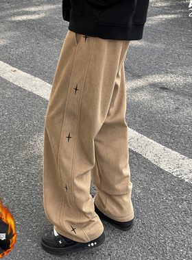 刺绣厚款加绒直筒裤长裤男加肥加大码潮胖子宽松高街痞帅冬季美式