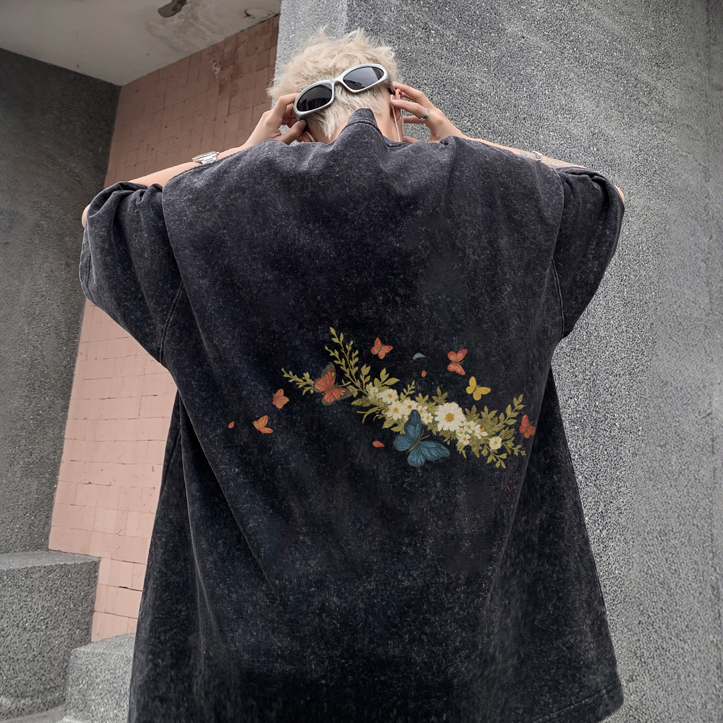 蝴蝶花纯棉短袖T恤男女加肥大码潮牌微胖子宽松上衣夏装街头240g