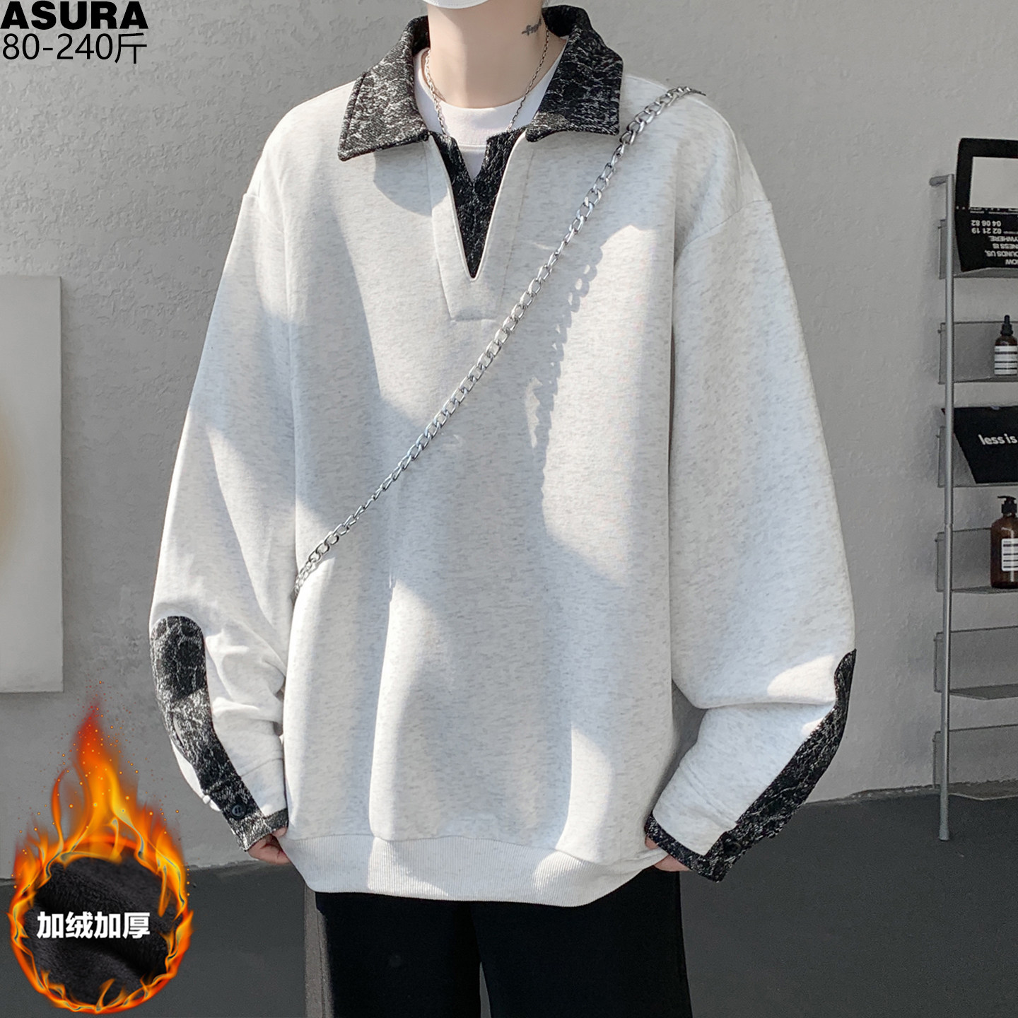 加绒厚款拼色Polo衫卫衣男加肥加大码潮牌胖子宽松重磅外套秋冬装