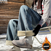 男加肥大码 水洗牛仔拖地裤 长裤 潮胖子宽松直筒加绒厚190可穿春冬