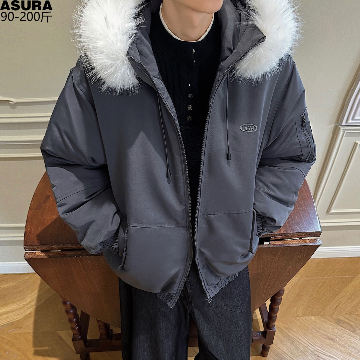 毛领可拆卸棉衣棉服袄男加肥加大码潮胖子宽松冬装派克服街头帅气