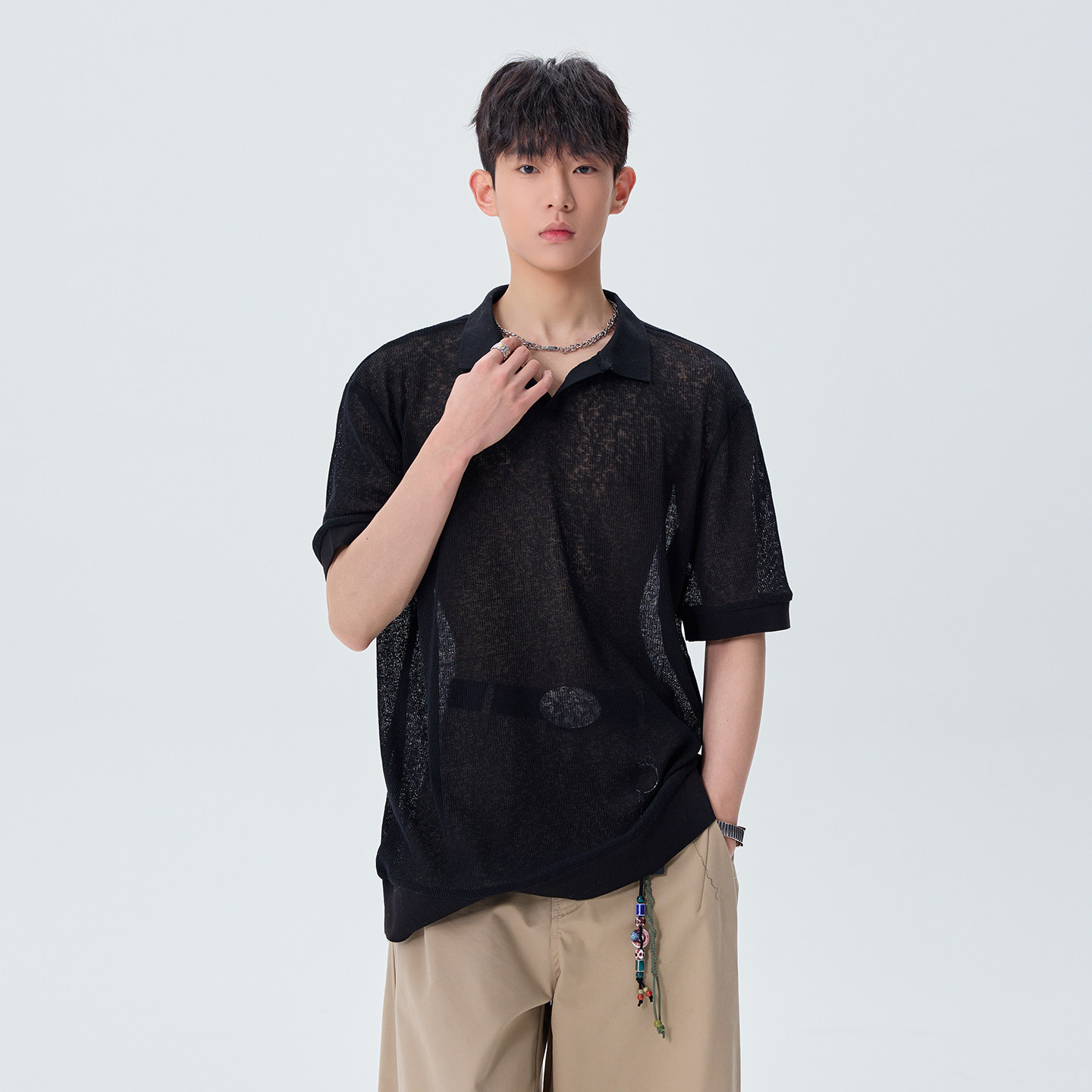 老钱风冰丝半短袖透视衬衫男大码潮流胖子宽松纯色透气夏季新款