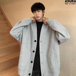 华夫格开衫短款卫衣男加肥加大码潮流胖子宽松港风运动春季装百搭