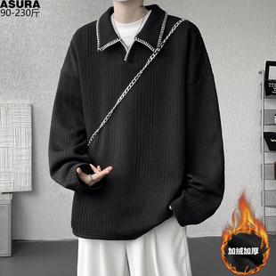 手缝线翻领套头加绒卫衣男加肥加大码潮胖子宽松厚款长袖T恤春季