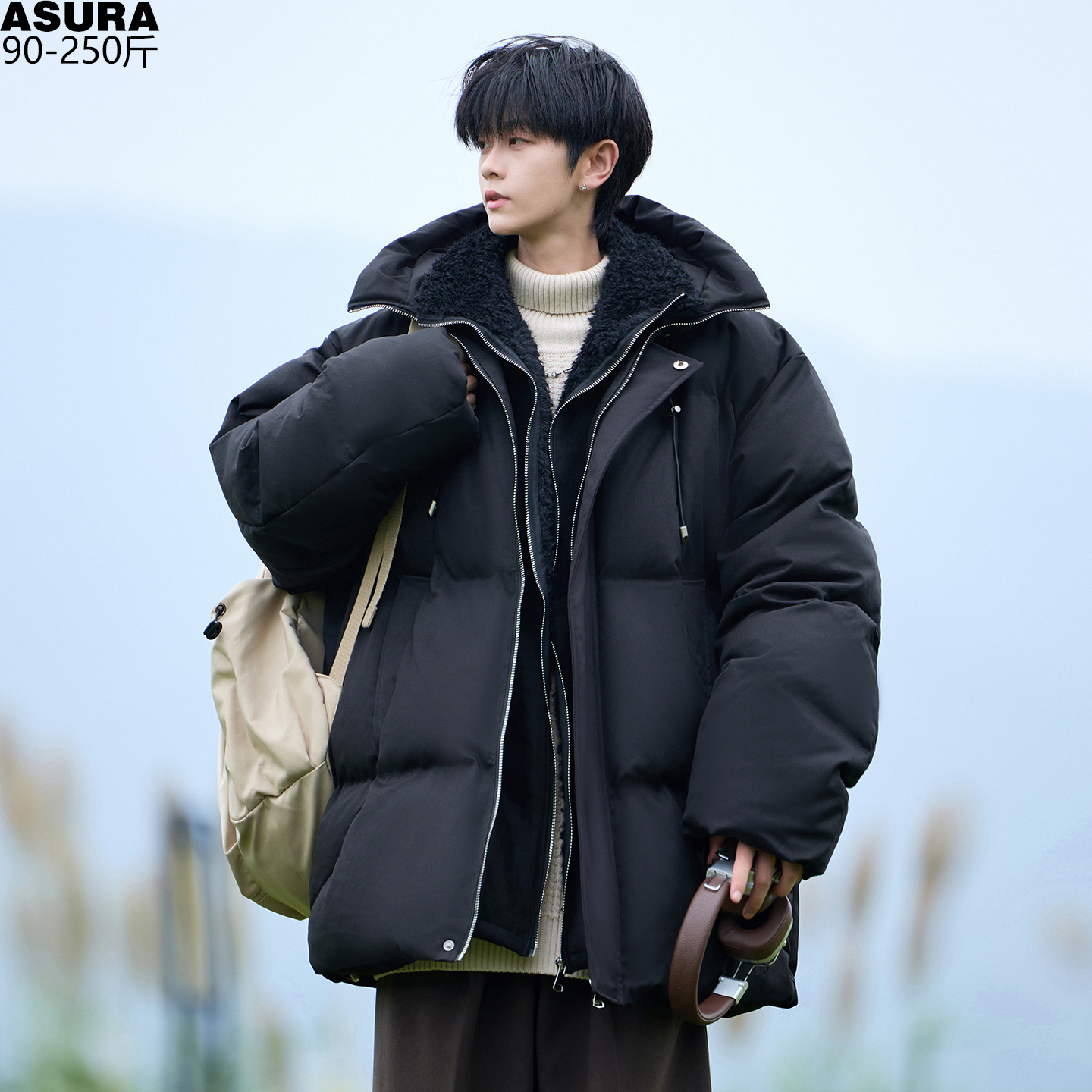 假两件拼料连帽防风棉衣棉服袄男加肥加大码潮牌胖子宽松百搭冬装