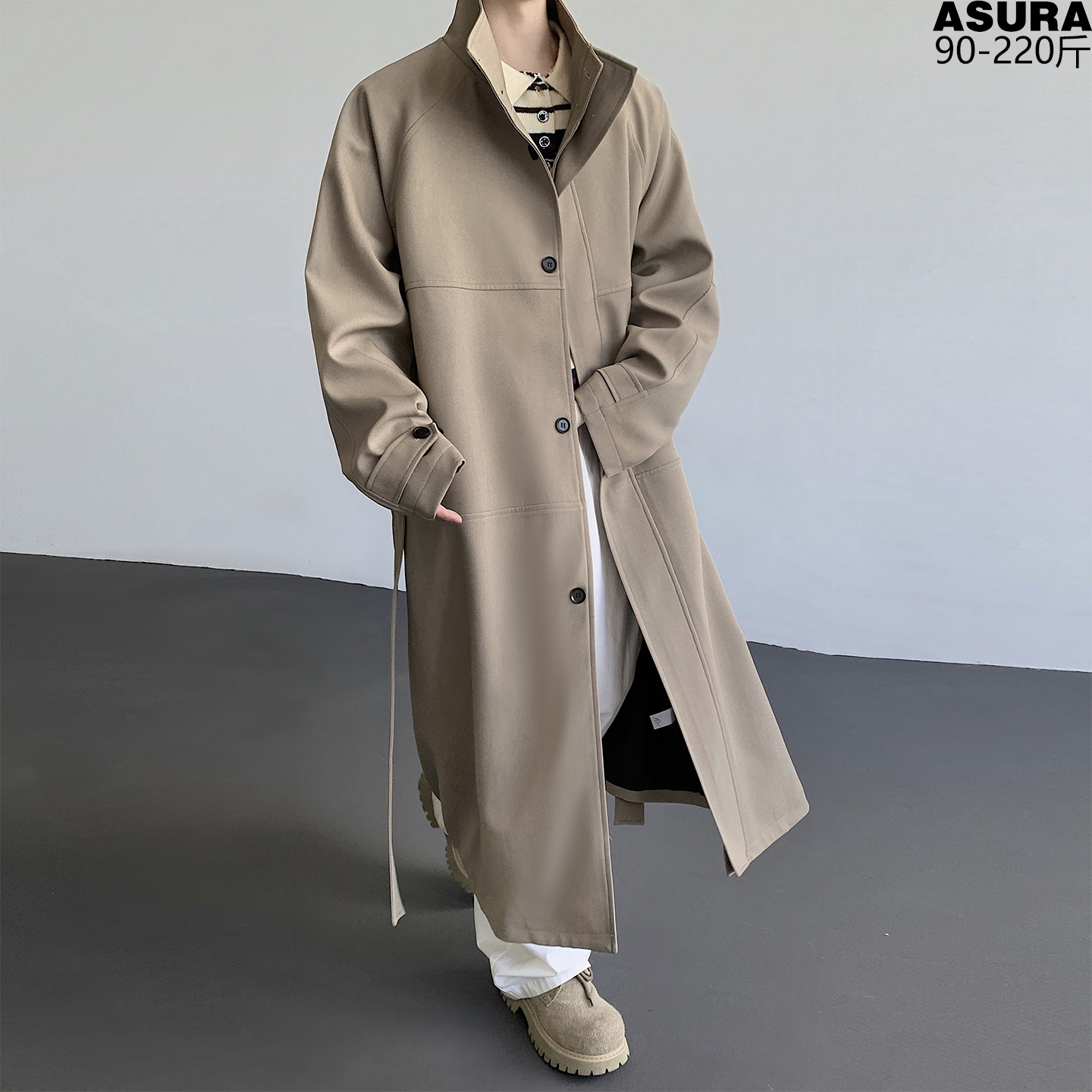 秋季慵懒风长款过膝风衣外套男加肥加大码潮胖子宽松立领显高显瘦