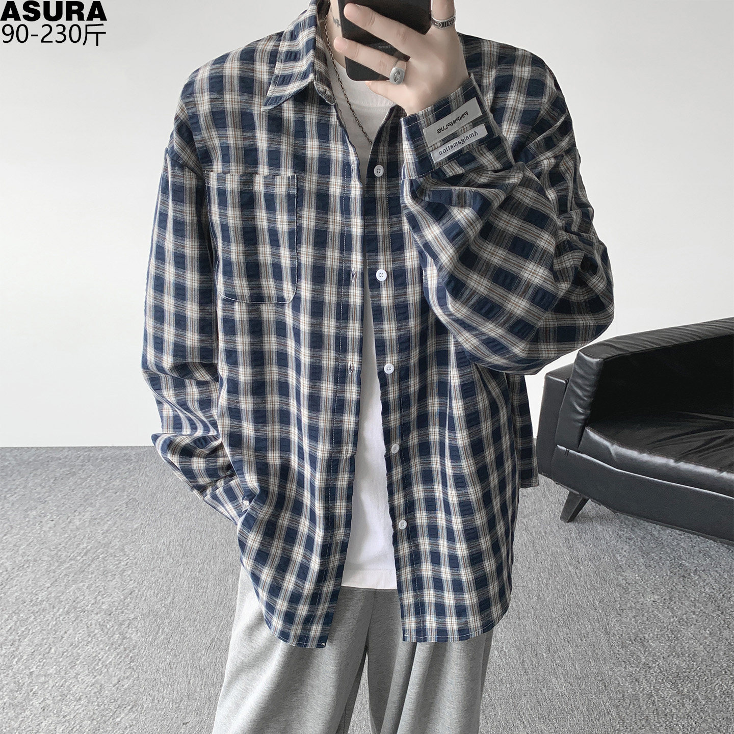 格子长袖衬衫男加肥加大码潮流胖翻领宽松慵懒风百搭休闲春季外套