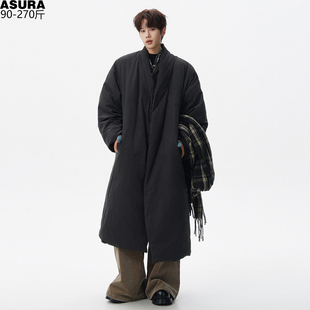 潮牌胖子宽松极简风日系保暖冬装 长款 过膝绒面羽绒服男加肥加大码