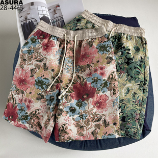 休闲沙滩裤 油画风提花五分短裤 装 潮流胖子宽松夏季 衩 男加肥加大码