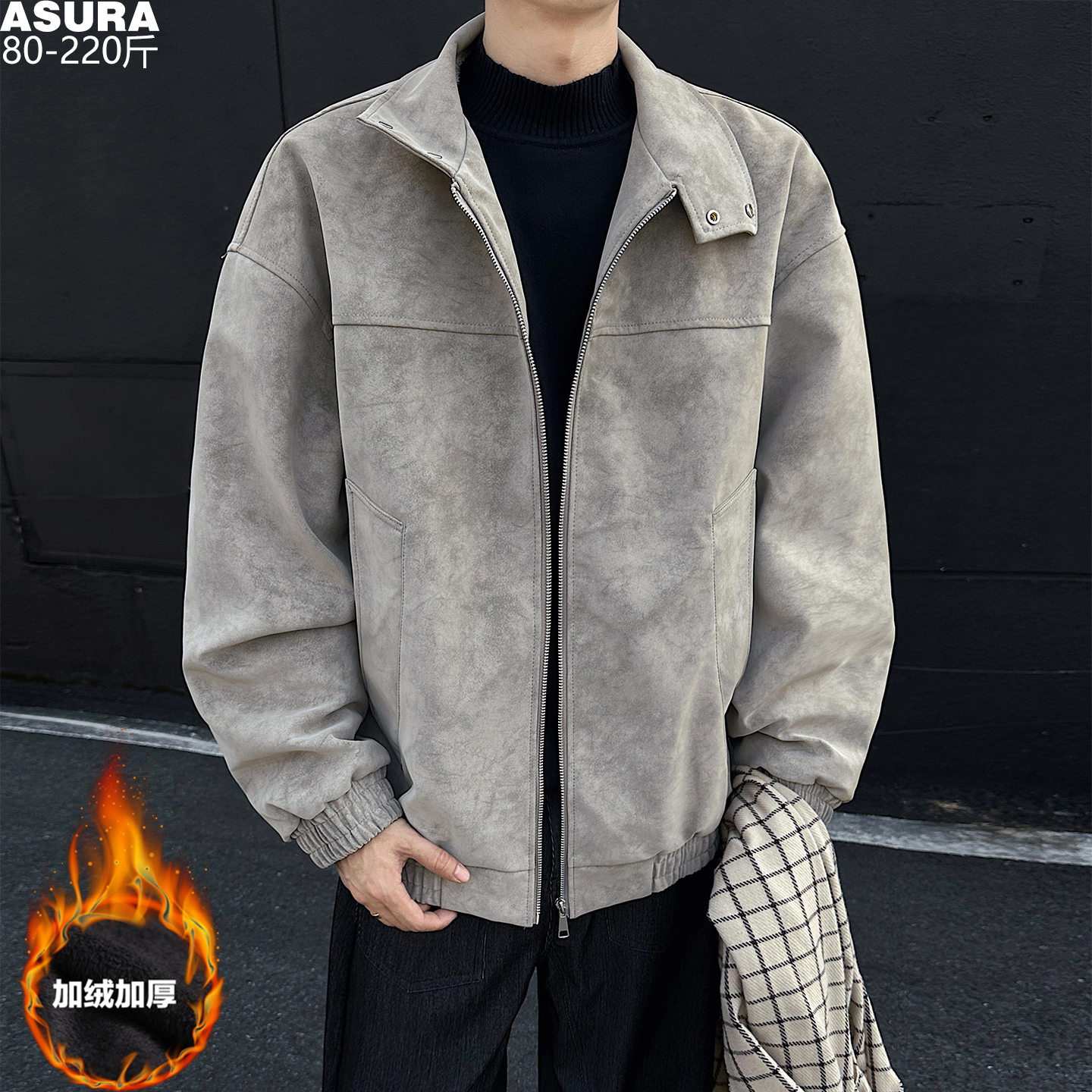 加绒厚款保暖防风PU皮衣夹克男加肥加大码潮牌胖子宽松冬季装高街