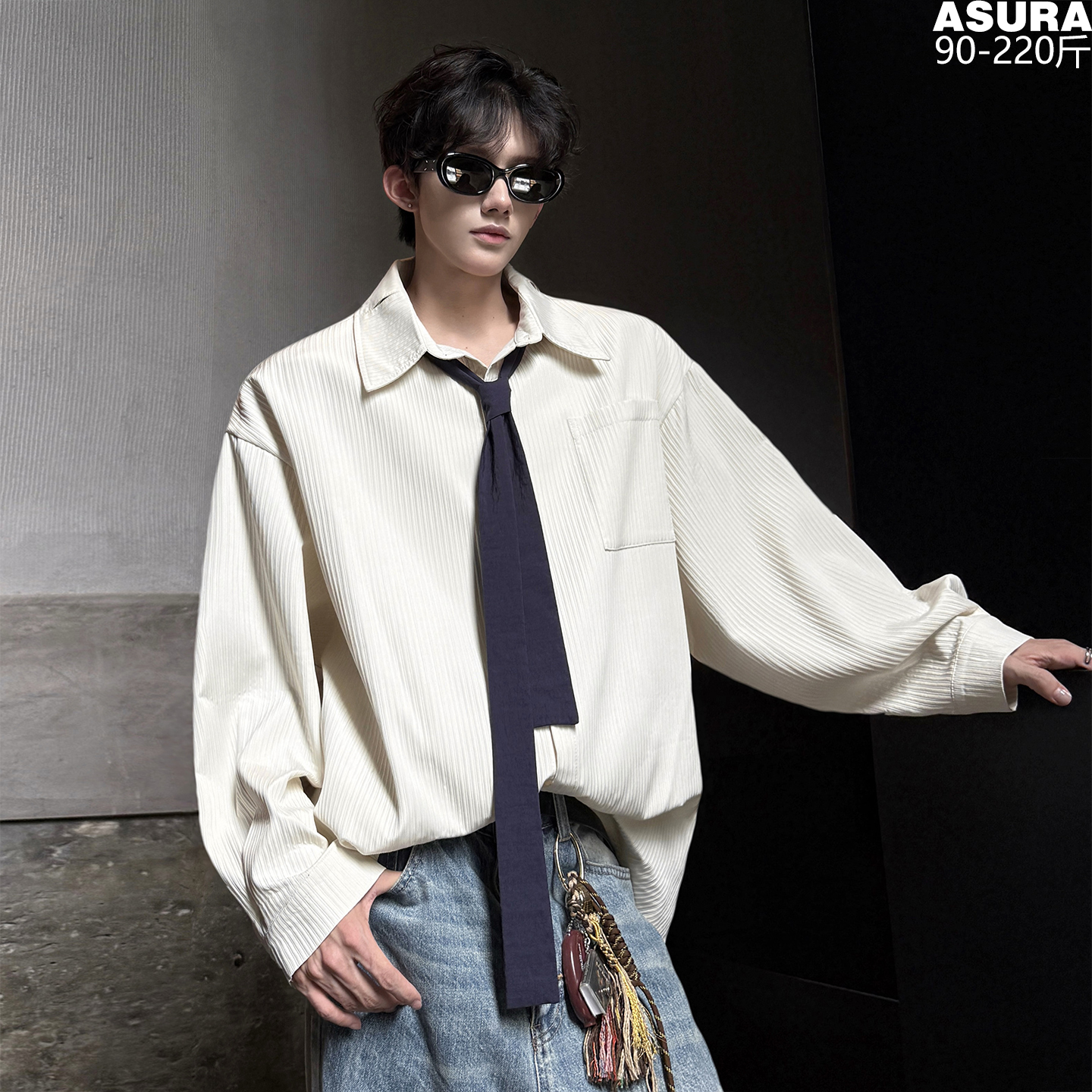 领带肌理感长袖衬衫男加肥加大码潮胖子宽松小众设计秋季韩版休闲