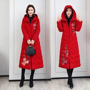 冬季复古绣花百搭羽绒棉服女民族风连帽加厚保暖长款过膝棉袄外套