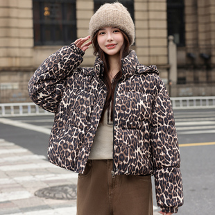 短款 新款 洋气印花棉衣棉服棉袄 豹纹面包服女今年冬季 可拆卸帽大码