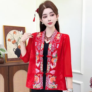 2026春秋夏七分袖纱袖短款盘扣开衫外套女重工刺绣民族风上衣褂子