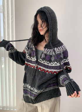 AMBOSC秋冬新品韩国羊毛混纺费尔岛提花连帽针织衫百搭慵懒毛衣
