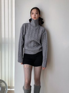 AMBOSC 灰色韩国时髦提花高领针织毛衣慵懒百搭套头针织衫上衣女