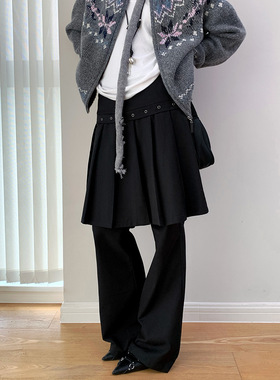 AMBOSC秋季新品韩国设计感假两件围裙式遮胯显瘦百褶微喇休闲裤