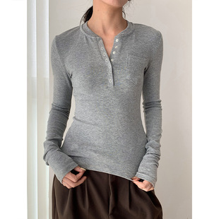 亨利领口袋拼接短款 AMBOSC 百搭T恤女 短款 韩国修身 五色入春季 新品