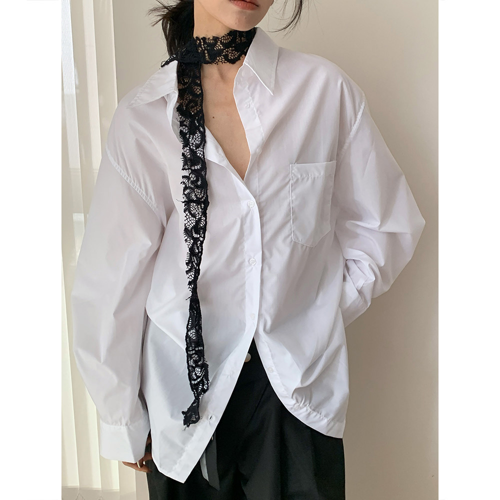 AMBOSC 春季法式慵懒风白色宽松衬衫女设计感不规则下摆微透衬衣