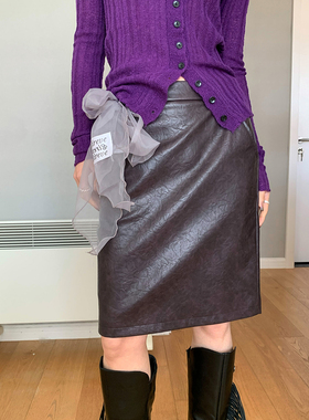 AMBOSC 春季新品PU皮气质半身裙女高腰包臀后开叉显瘦中长A字裙