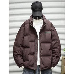 美式潮牌复古短款立领面包羽绒服男大码宽松胖子青少年白鸭绒外套