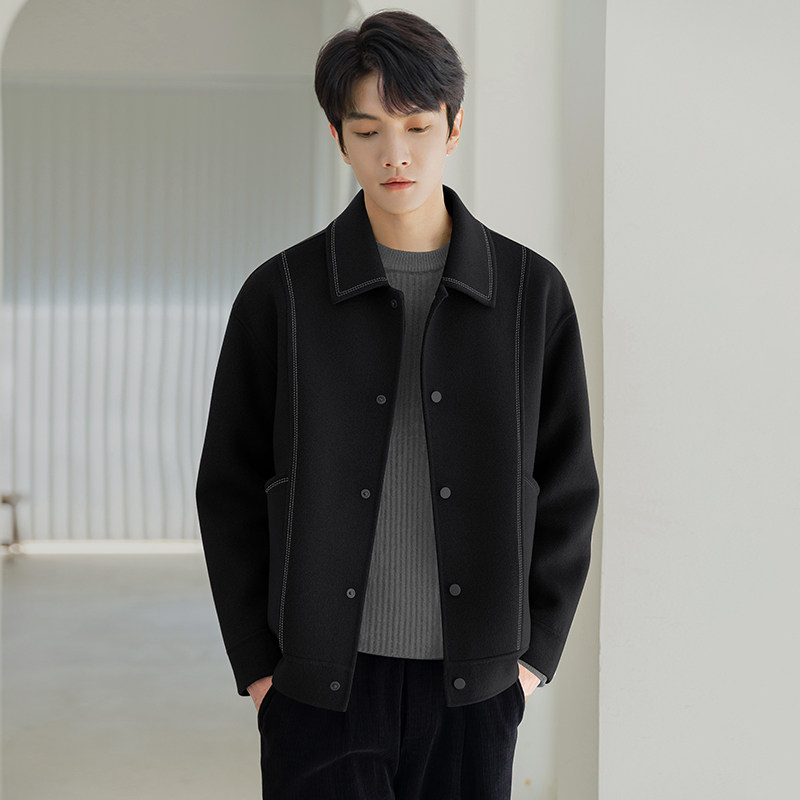 羊毛呢子夹克男士秋冬季加厚高级感非羊绒男装短款双面呢外套上衣