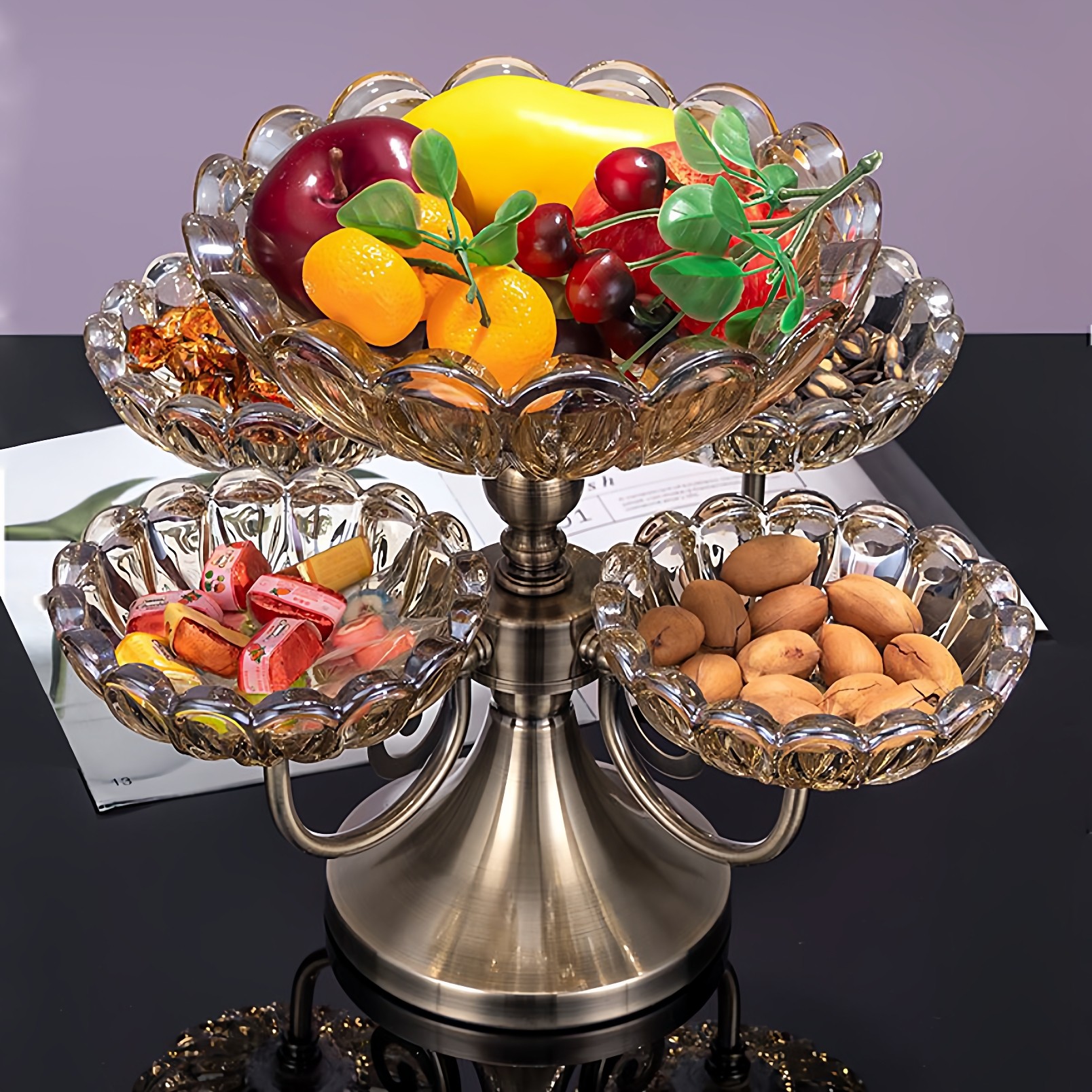 欧式水晶玻璃多层可旋转水果盘家用客厅茶几创意轻奢零食糖果盘