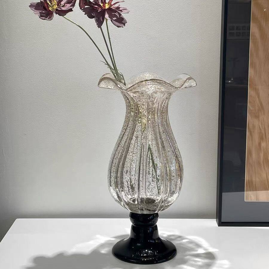 法式中古玻璃花瓶摆件芬顿波浪花边复古文艺插花客厅茶几装饰摆件