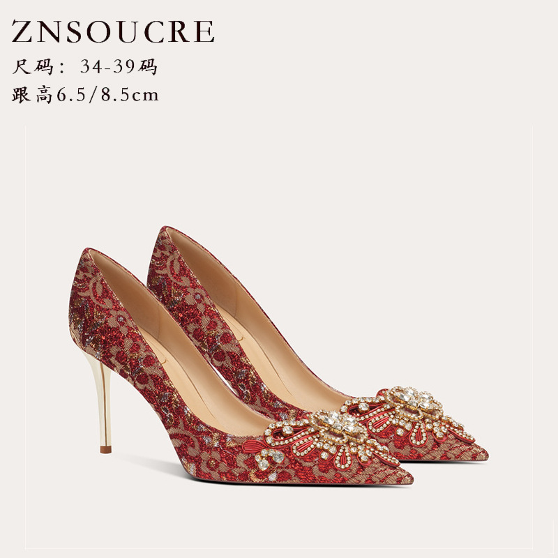 红色中式刺绣婚鞋秀禾服新娘鞋2024新款高级感水钻高跟鞋气质单鞋
