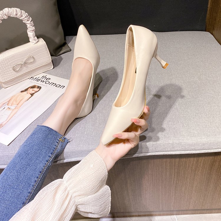 中跟百搭高跟鞋女细跟5cm杏色哑光学生礼仪黑色工作职业单鞋大码3