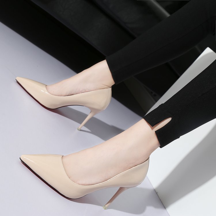 7cm高跟鞋女裸色浅口尖头细跟中跟五厘米黑色工作职业婚鞋单鞋皮