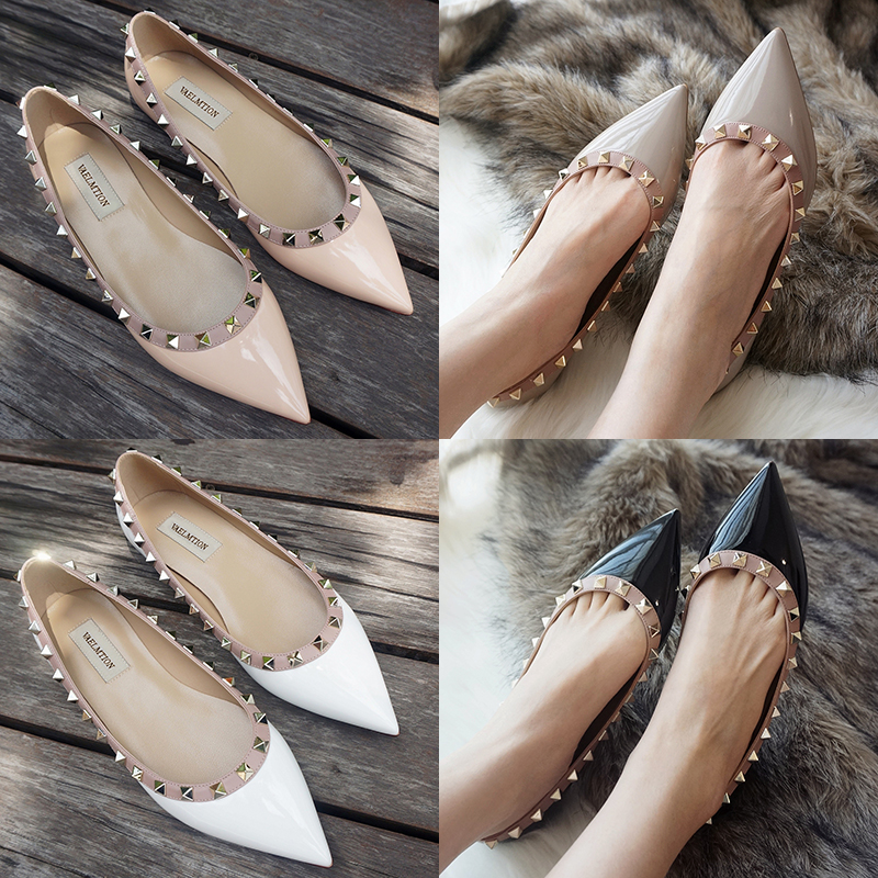 尖头单鞋女平底柳丁浅口欧美软底船鞋百搭平跟女鞋2024新款铆钉鞋
