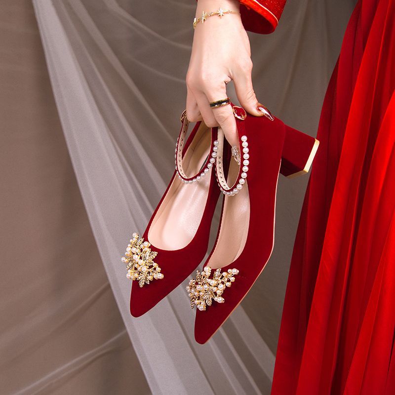 秀禾婚纱鞋结婚新娘鞋2023新款红色粗跟高跟鞋女不累脚礼服敬酒鞋