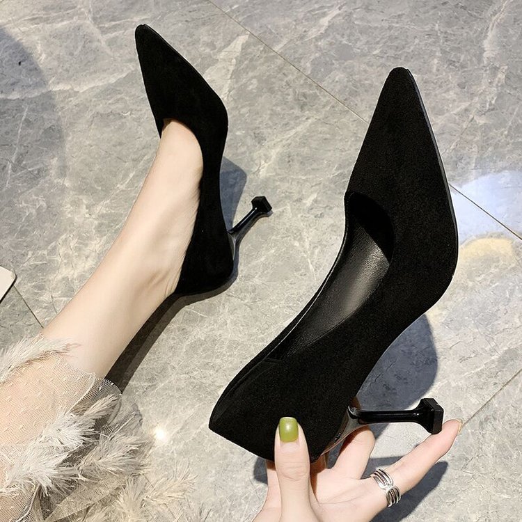 黑色高跟鞋女细跟5cm猫跟绒面工作上班职场小清新单鞋大学生网红3