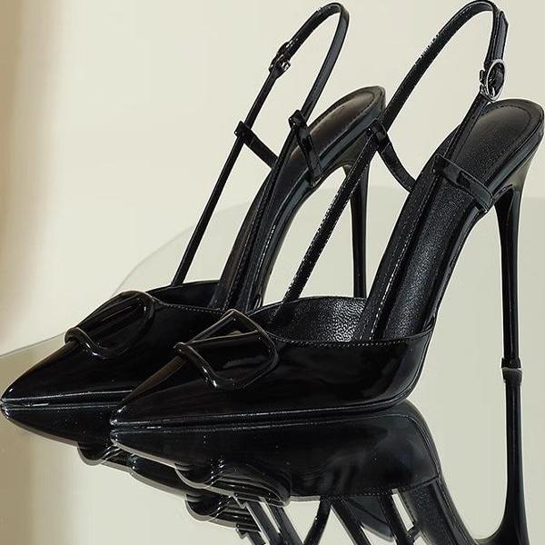 黑色高跟鞋年新款夏V字扣后绊带高跟一字扣带包头凉鞋女细跟~