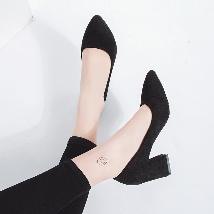 百搭通勤高跟鞋女中跟3-5cm绒面黑色大学生礼仪正装粗跟方根单鞋