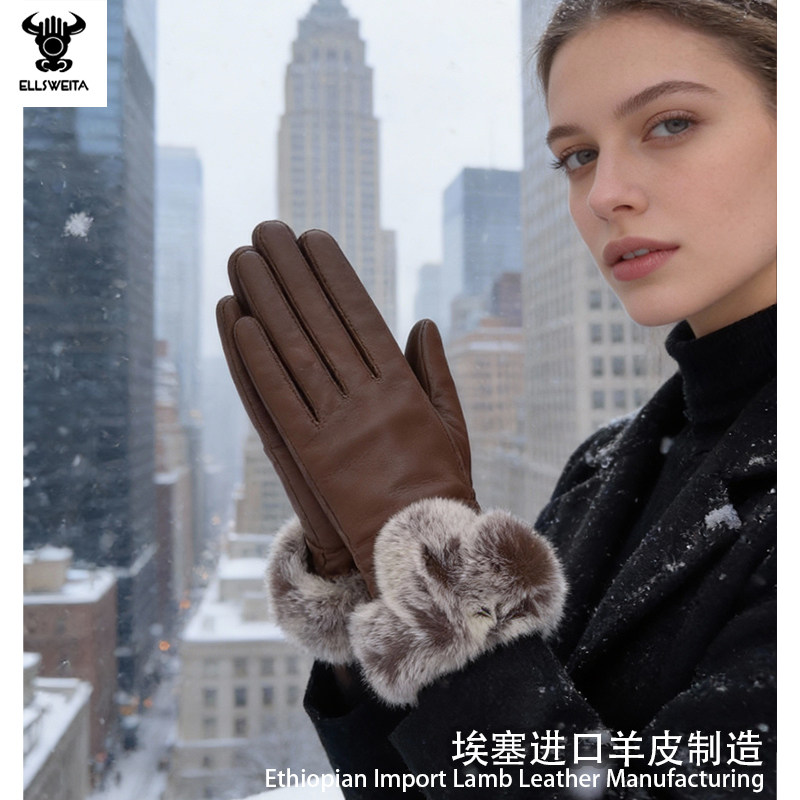 真皮手套女冬季加绒加厚保暖毛口手套