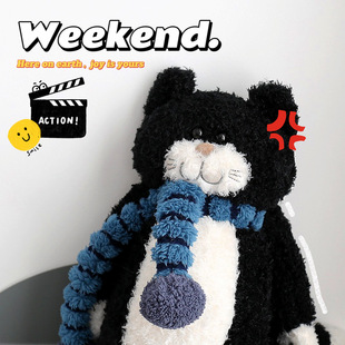 日系黑猫毛绒玩具围巾猫咪玩偶可爱抱枕娃娃美臀坐垫男女生日礼物