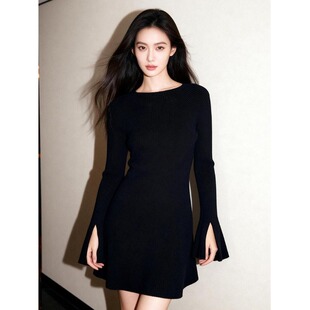 漂亮出片衣服黑色收腰包臀短裙女装秋冬高贵高档内搭针织连衣裙子