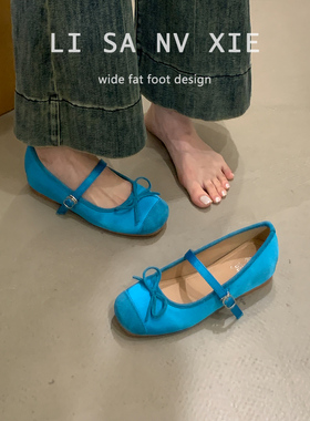 法式方头内增高玛丽珍鞋蓝色缎面复古单鞋大码女鞋41到43显脚小春