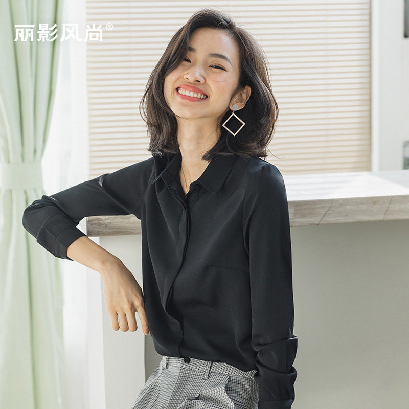 黑色衬衫女工作服职业气质韩版正装长袖衬衣秋款雪纺上衣女士工装