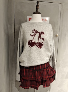 WM秋冬新款2025年秋冬季灰色樱桃蝴蝶结宽松圆领套头针织衫毛衣