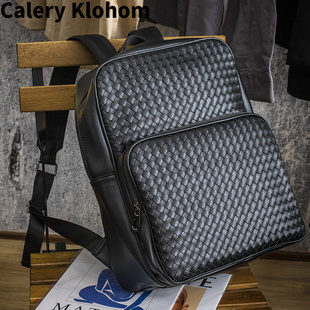 潮流电脑包时尚 Calery 编织商务双肩包 Klohom新款 大 真皮牛皮韩版