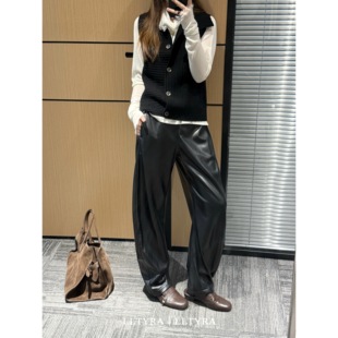 宽松蛋白皮弯刀皮裤 弧度剪裁高腰直筒窄版 隐形修容 Stoptheclock