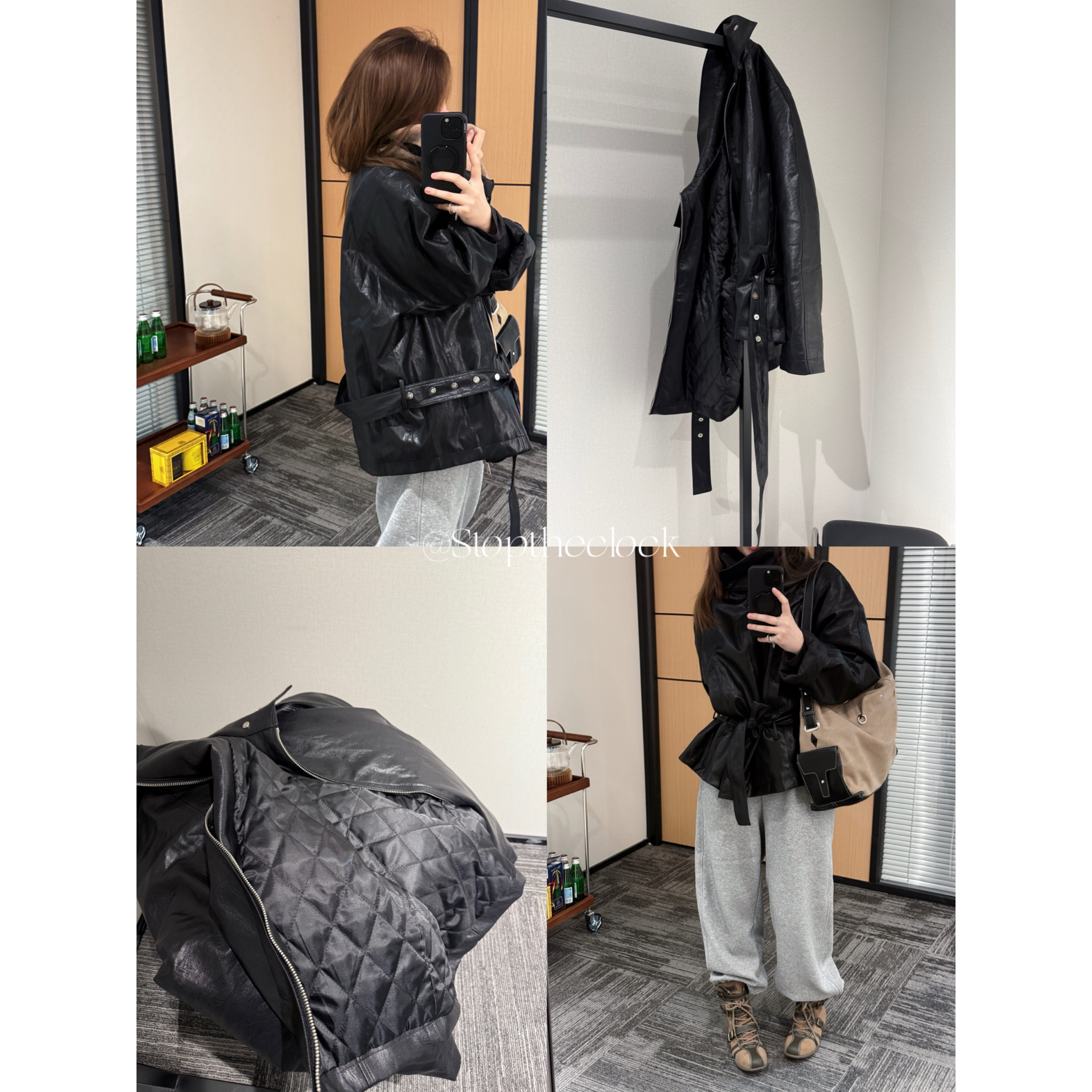 Stoptheclock/韩～人造革光泽感腰带宽松加棉黑色保暖皮衣秋冬女